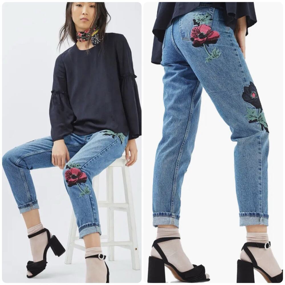 Topshop Medium Blue High-Rise Jeans with Red & Black Floral Embroidery